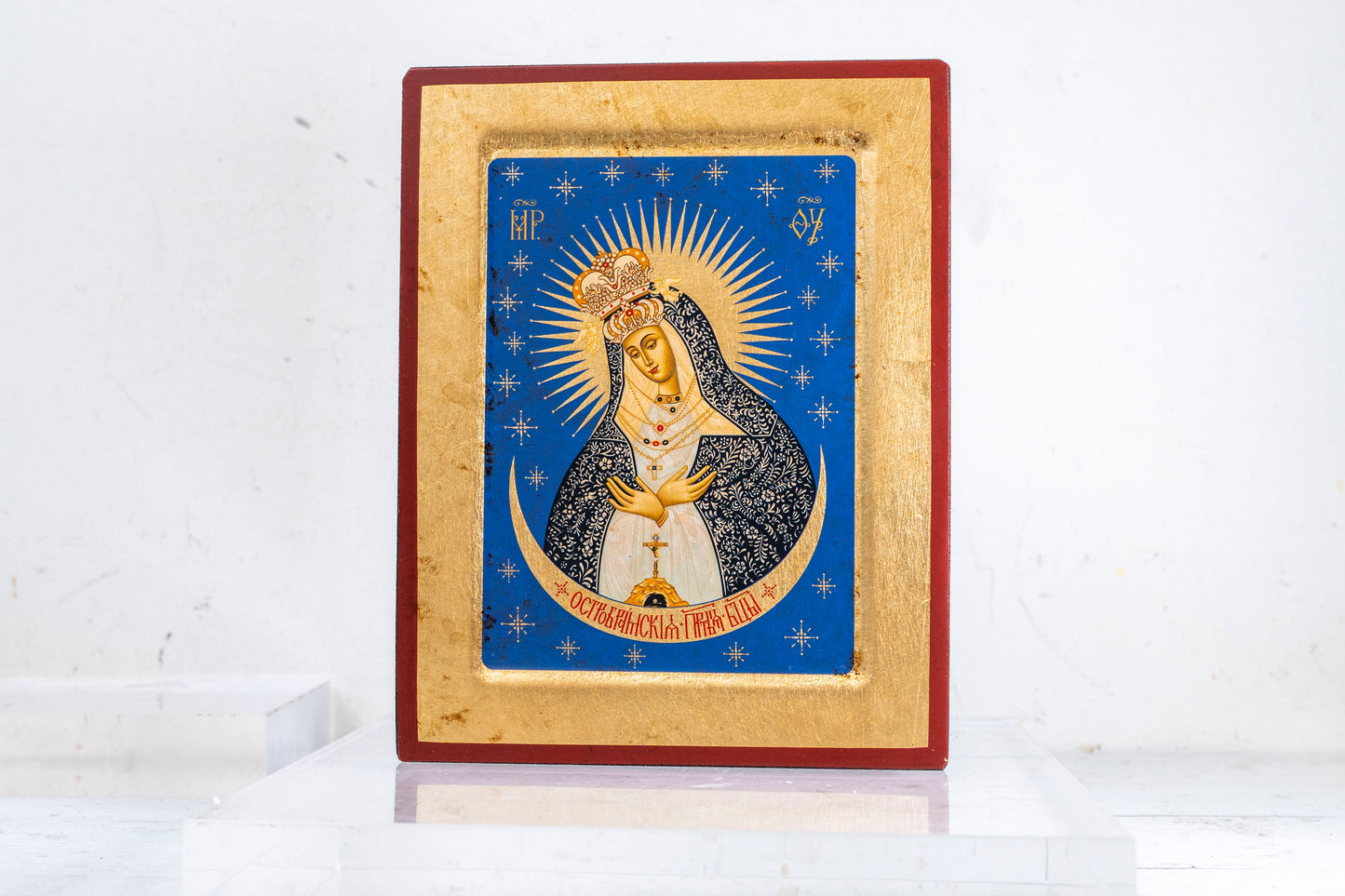 Virgin Mary of Ostrabrama Handmade Wooden Icon in gold leaf amazing detail