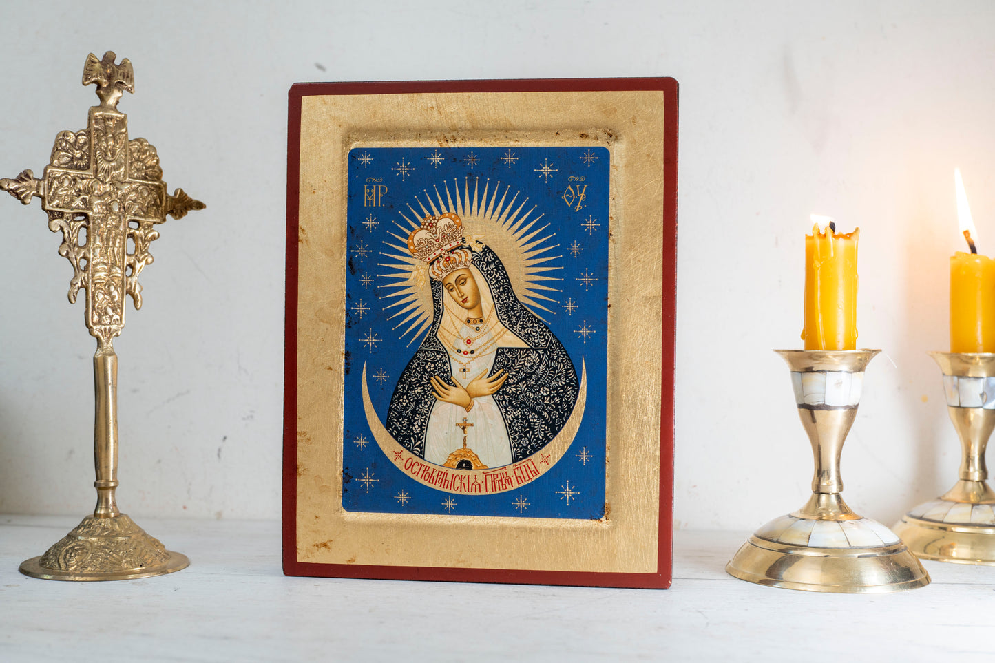 Virgin Mary of Ostrabrama Handmade Wooden Icon in gold leaf amazing detail
