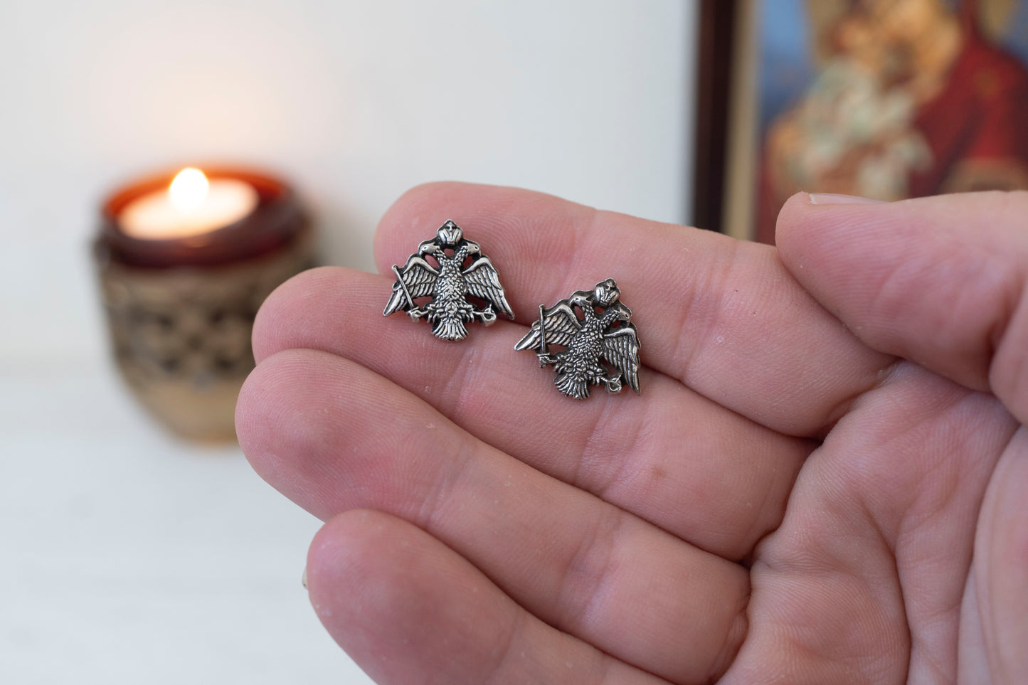 Double Headed Eagle pin Silver Set of  2 badge limited,Byzantine Imperial eagle