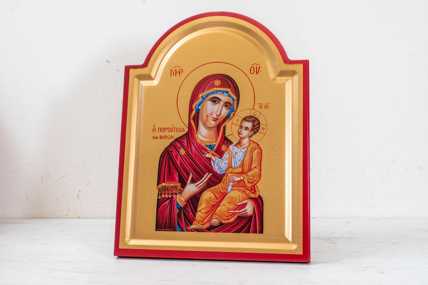Virgin Mary Portaitissa Icon – Handmade on Gold Silk Canvas, Stunning Detail