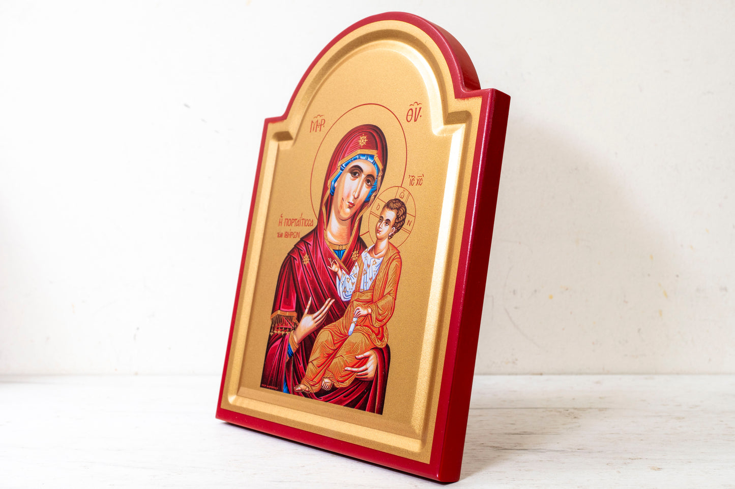 Virgin Mary Portaitissa Icon – Handmade on Gold Silk Canvas, Stunning Detail