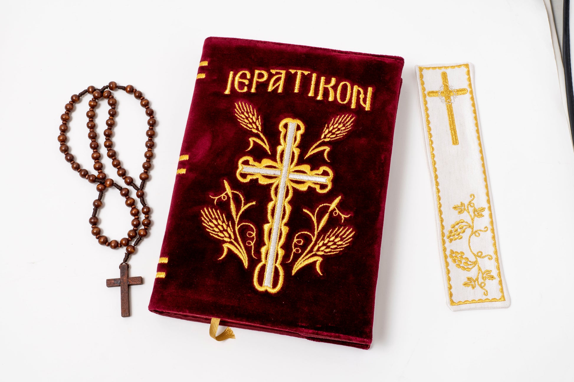 Handcrafted Orthodox liturgical Ieratikon book set with gold embroidered burgundy velvet cover and embroidered bookmark made in Greece