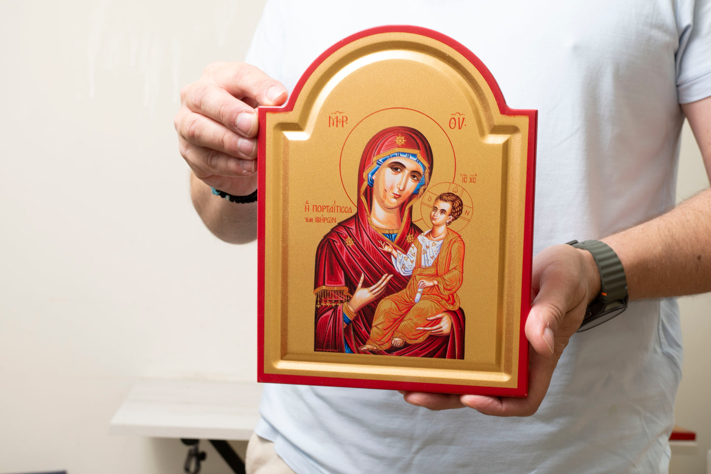 Virgin Mary Portaitissa Icon – Handmade on Gold Silk Canvas, Stunning Detail