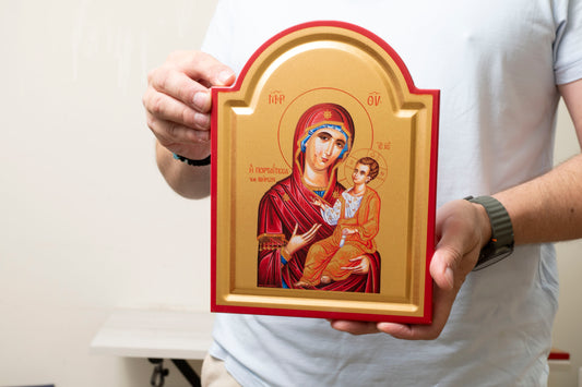 Virgin Mary Portaitissa Icon – Handmade on Gold Silk Canvas, Stunning Detail
