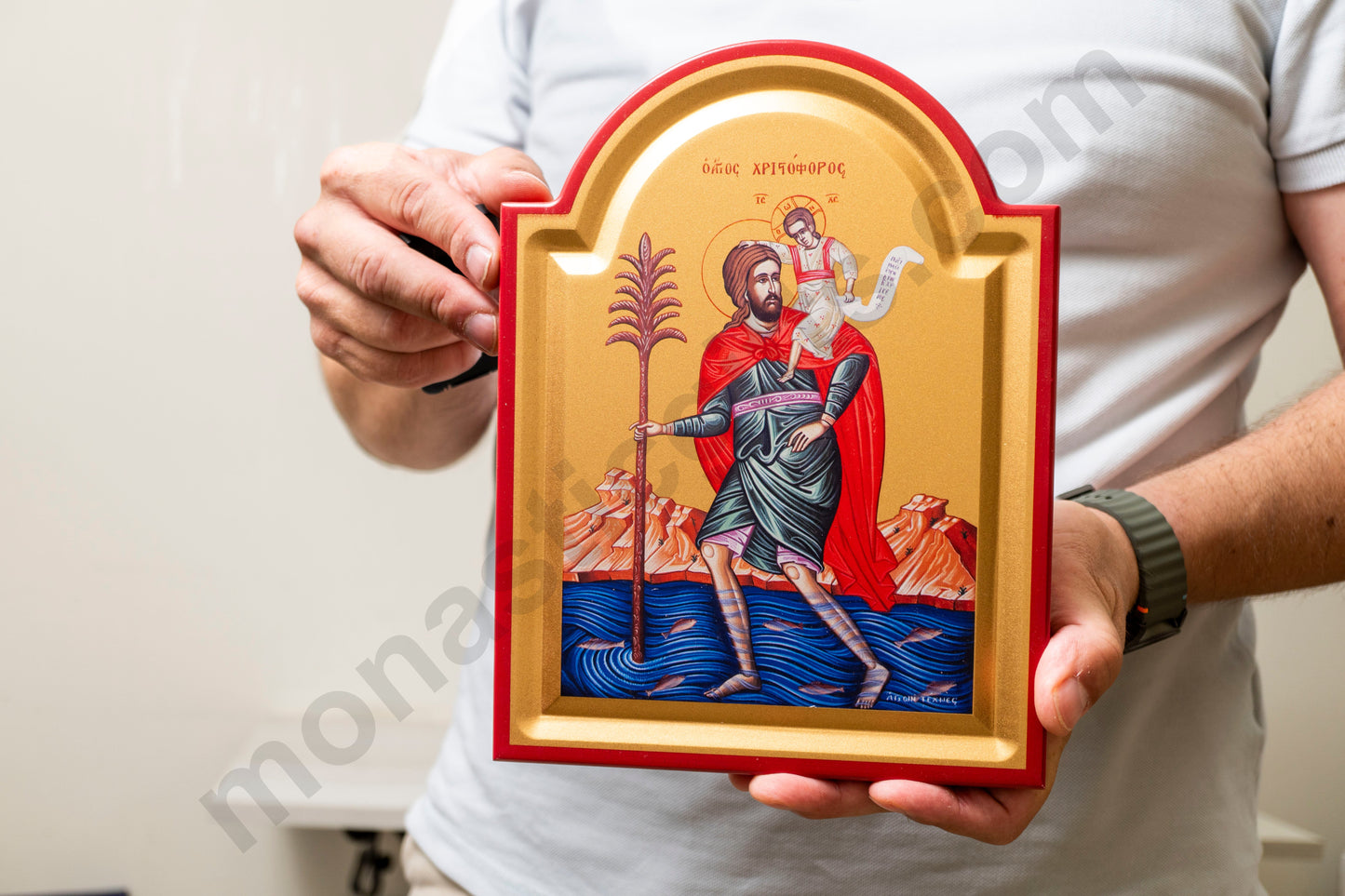 Saint Christopher Icon – Handmade on Gold Silk Canvas, Stunning Detail