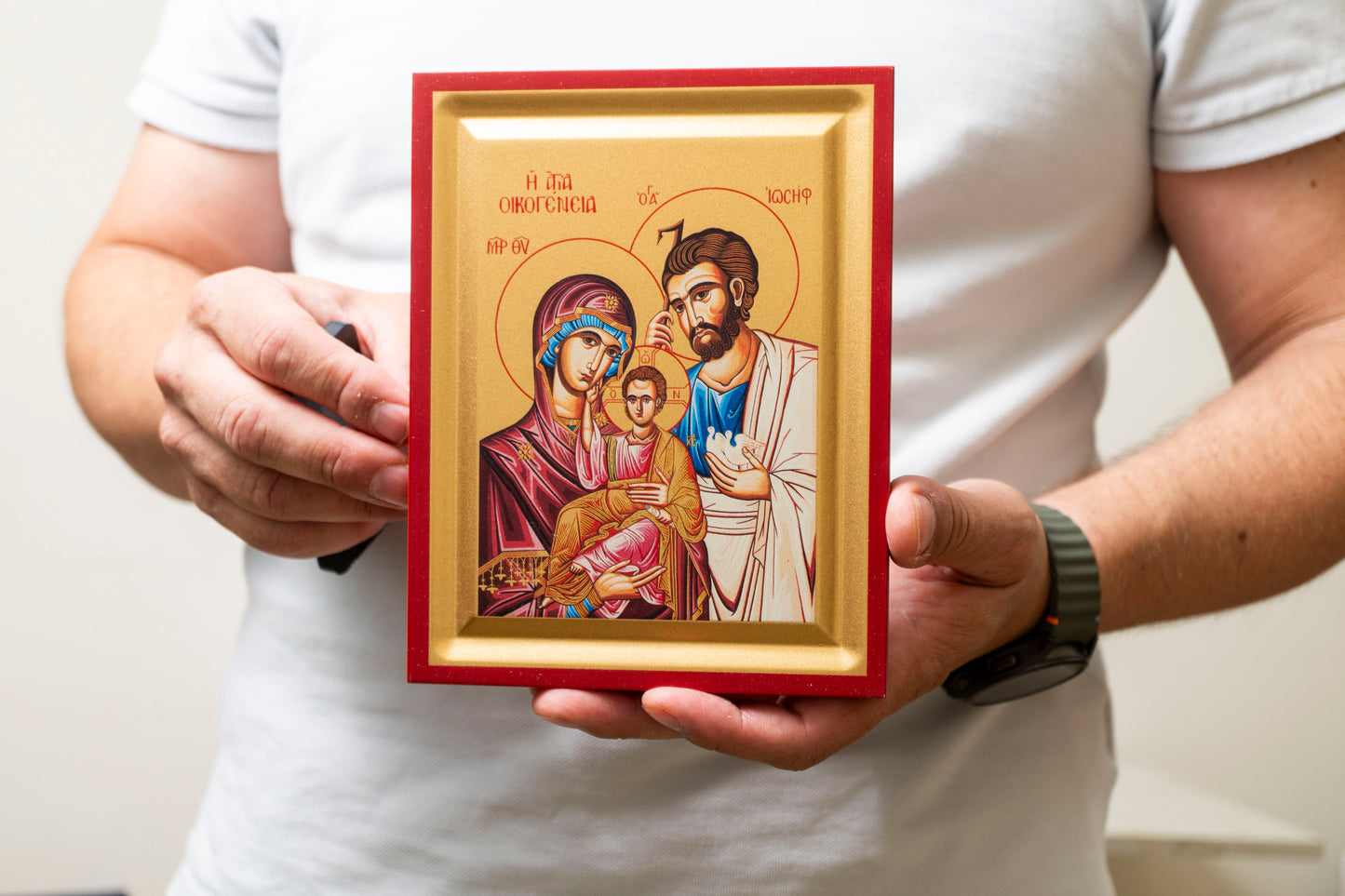 The Holy Family  Christian Wooden icon  Handmade on Golden Silk Canvas.
