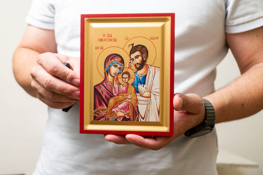 The Holy Family  Christian Wooden icon  Handmade on Golden Silk Canvas.