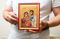 The Holy Family  Christian Wooden icon  Handmade on Golden Silk Canvas.
