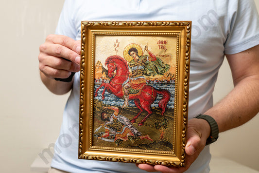 Handmade Christian Embroidered icon of Saint Demetrios in a frame,Religious art.