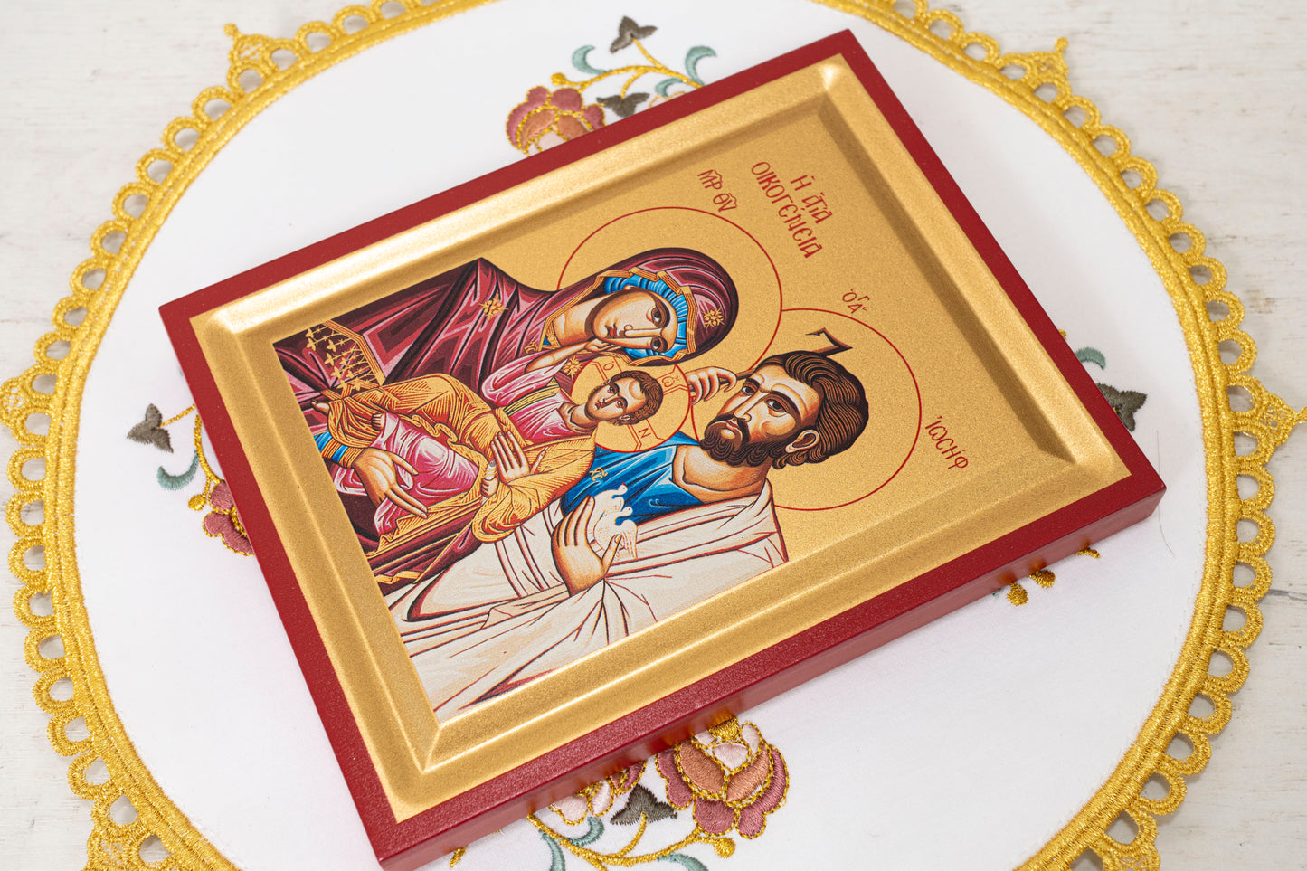 The Holy Family  Christian Wooden icon  Handmade on Golden Silk Canvas.