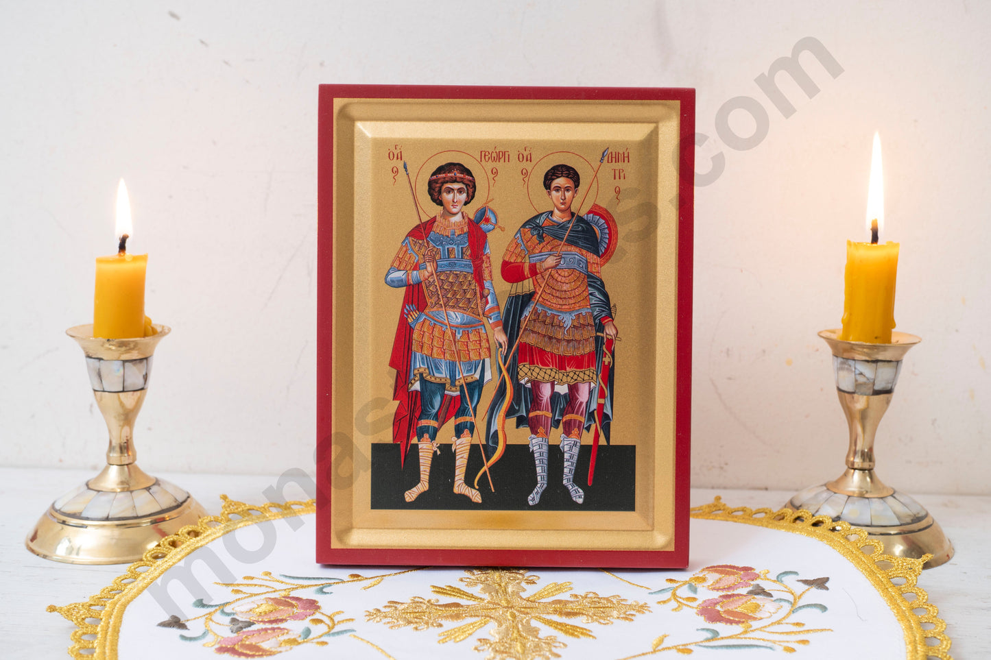 Saints George and Demetrios. Christian Icon Handmade on Golden Silk Canvas.