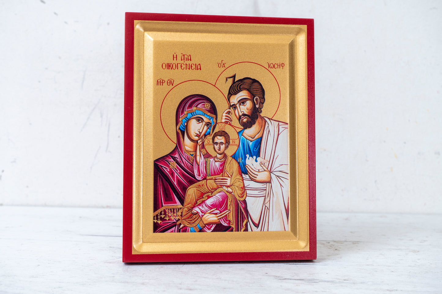 The Holy Family  Christian Wooden icon  Handmade on Golden Silk Canvas.