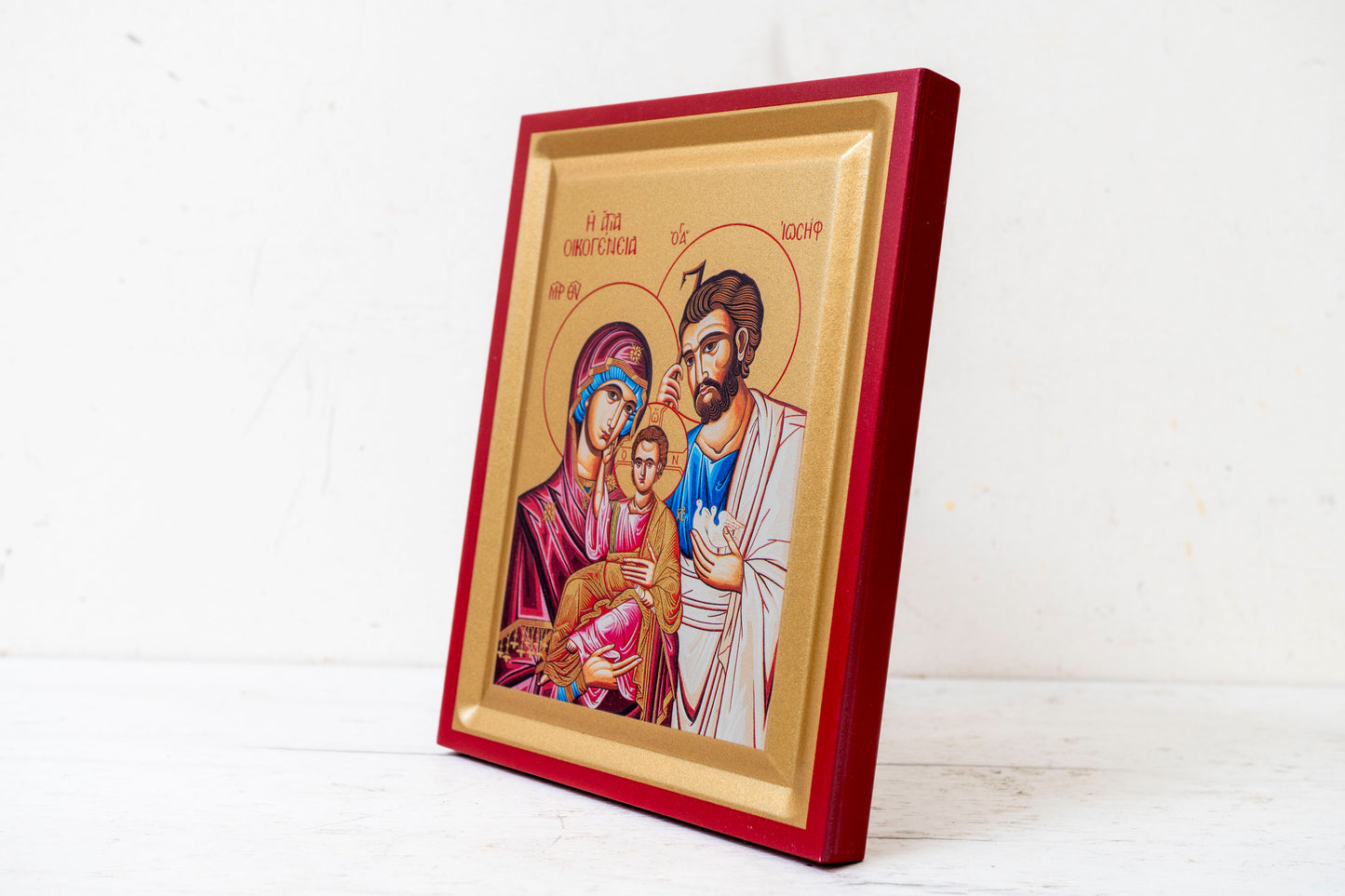 The Holy Family  Christian Wooden icon  Handmade on Golden Silk Canvas.
