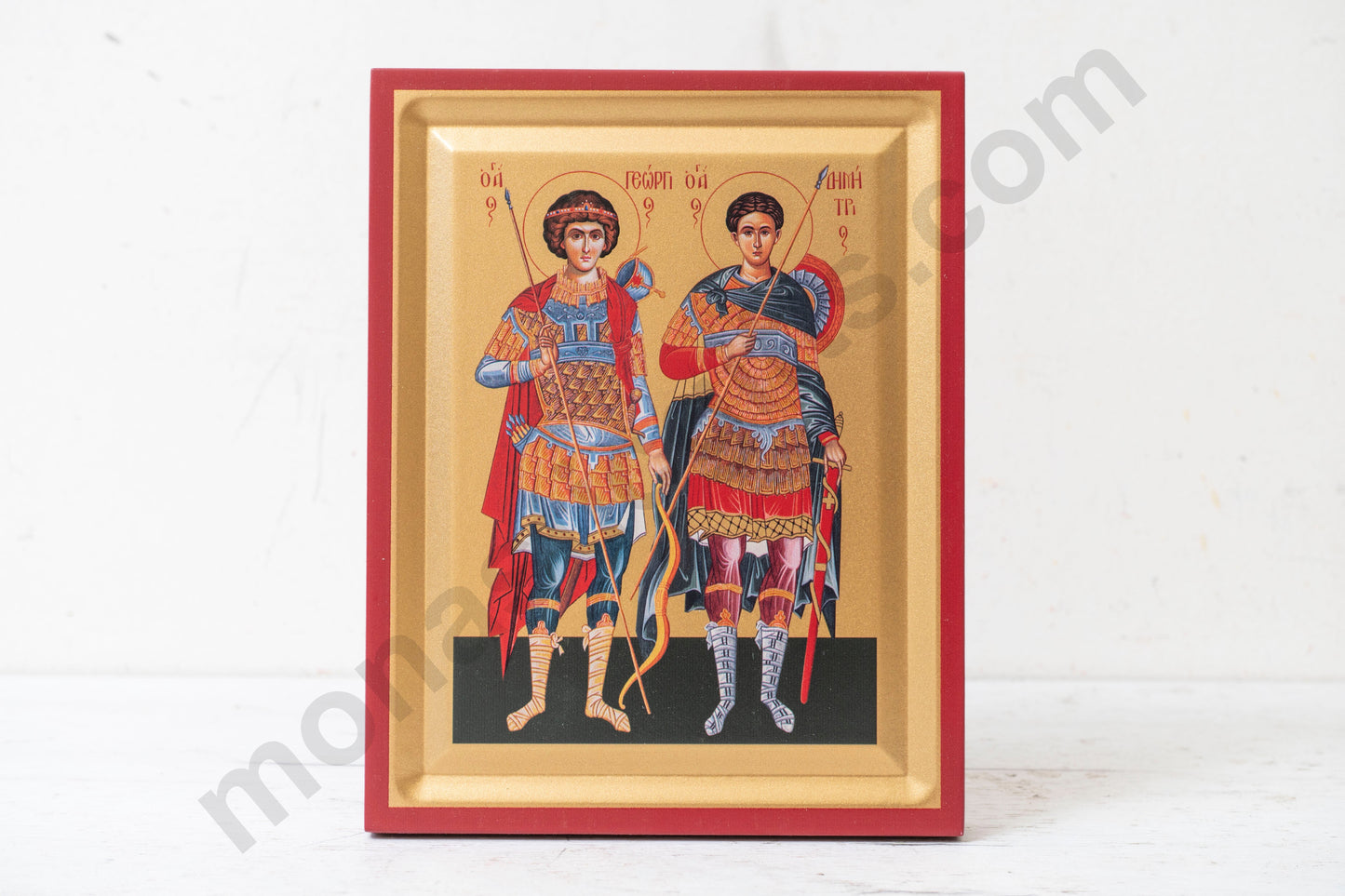 Saints George and Demetrios. Christian Icon Handmade on Golden Silk Canvas.