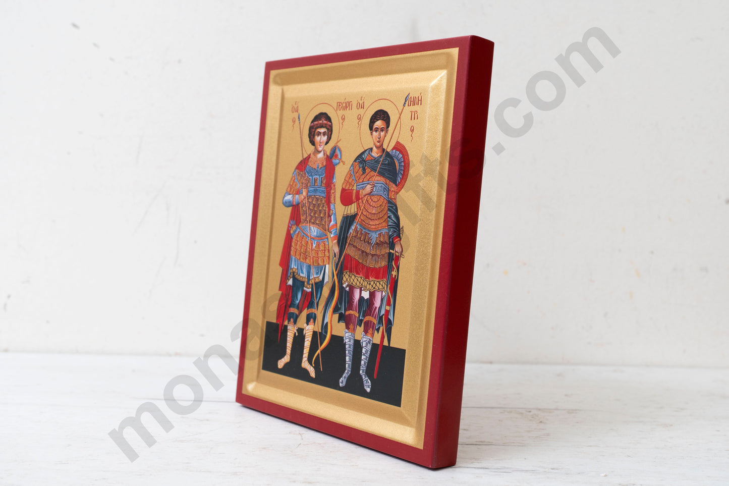 Saints George and Demetrios. Christian Icon Handmade on Golden Silk Canvas.