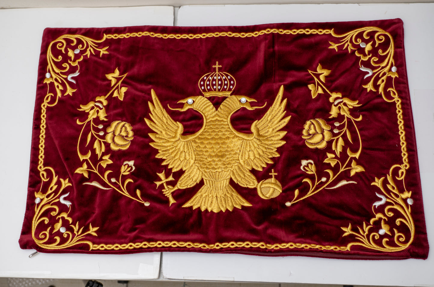 Handmade  Big pillow cover made of velvet fabric in ecclesiastical Red.