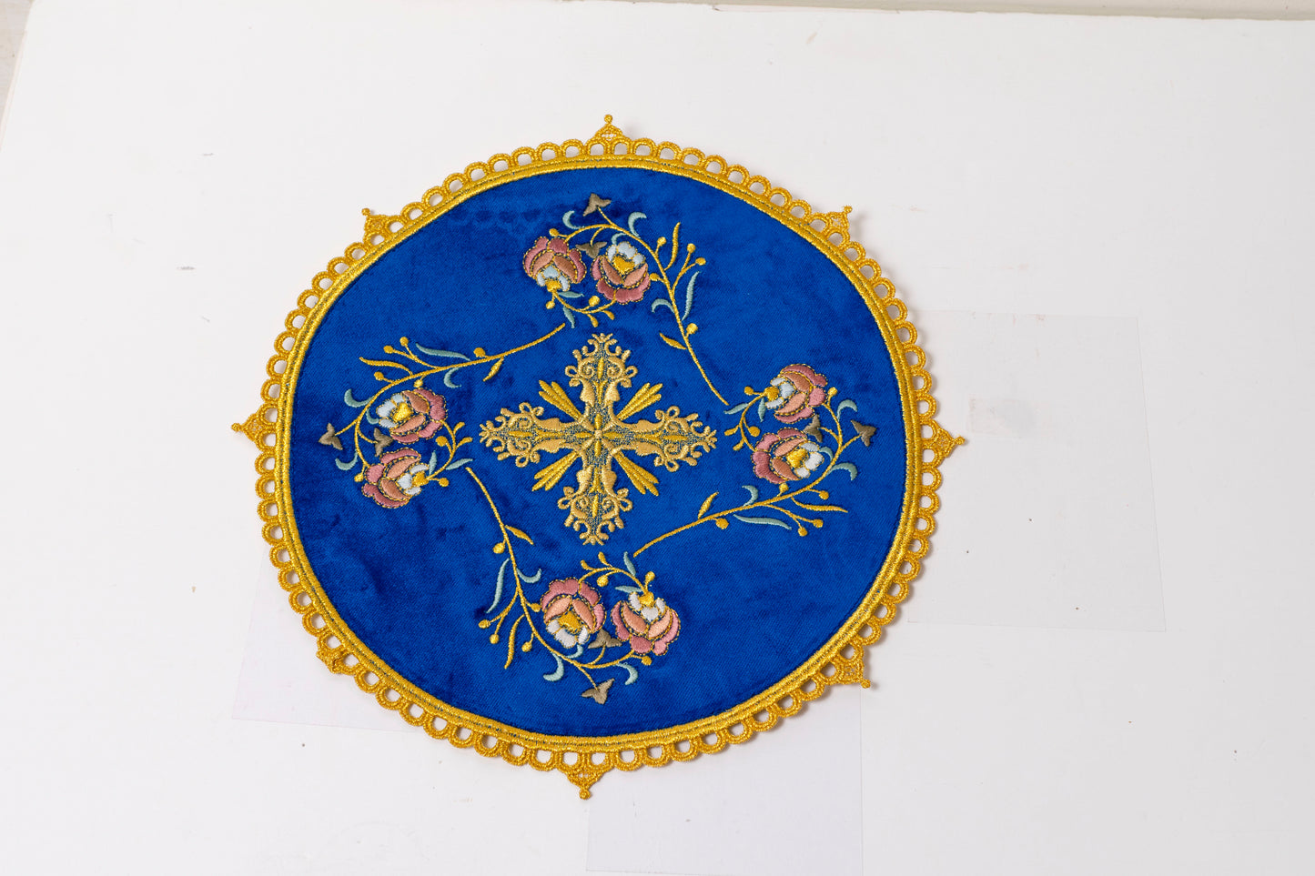 Altar Christian Cloth Embroidered  with Flowers and Cross In ecclesiastical Blue