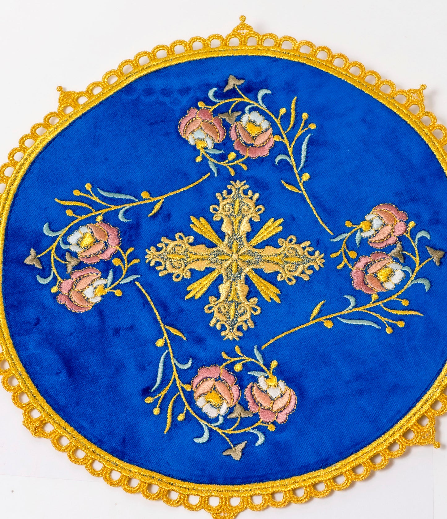 Altar Christian Cloth Embroidered  with Flowers and Cross In ecclesiastical Blue