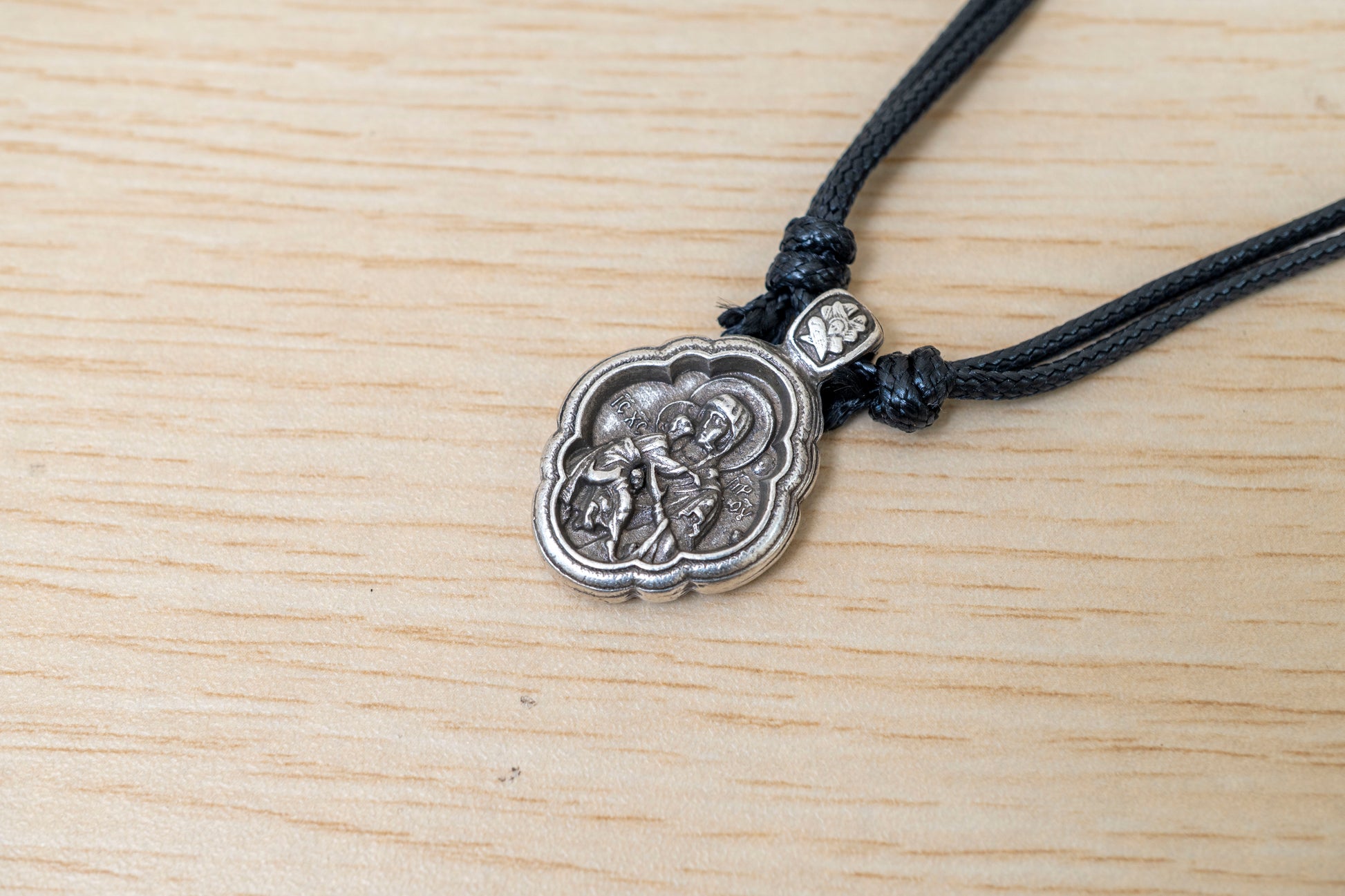 Virgin Mary and Child adjustable cord necklace front view Byzantine style