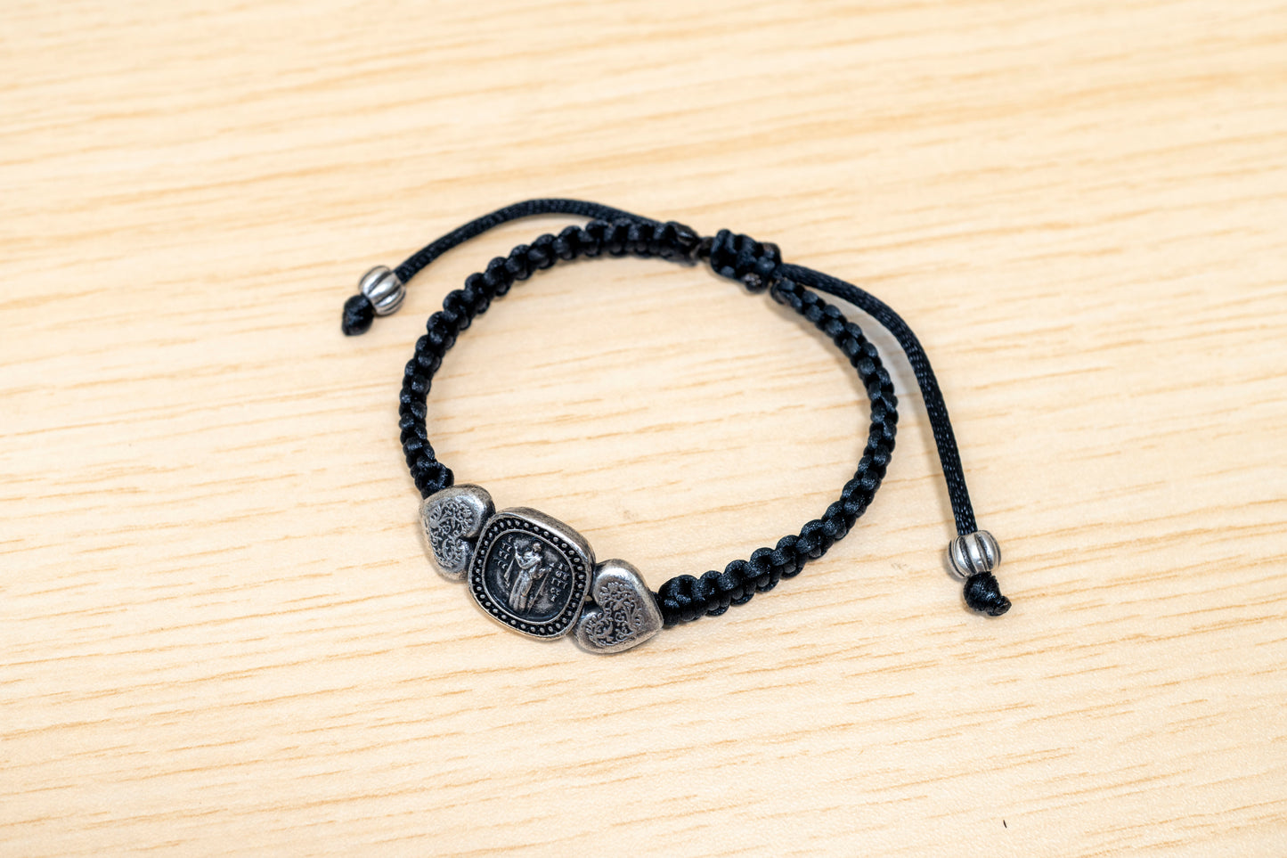 Virgin Mary handcrafted macrame bracelet adjustable black cord Byzantine style jewelry