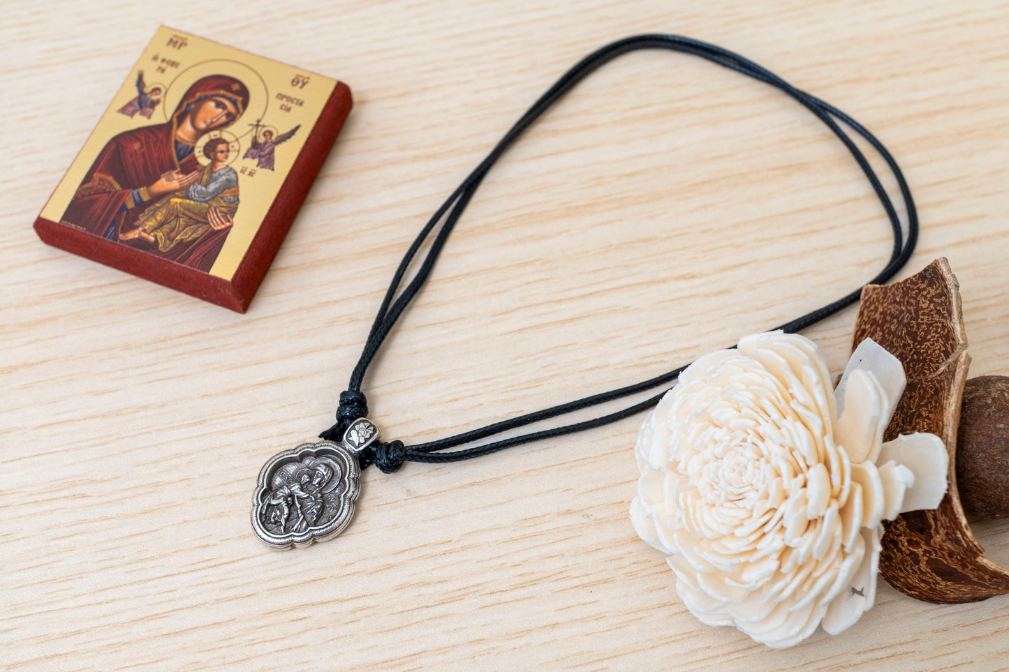Virgin Mary and Child Necklace - Handcrafted Byzantine Style Adjustable Cord Pendant
