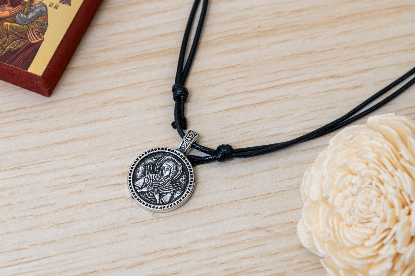 Seven Swords Virgin Mary Necklace - Handcrafted Byzantine Style Adjustable Cord Pendant