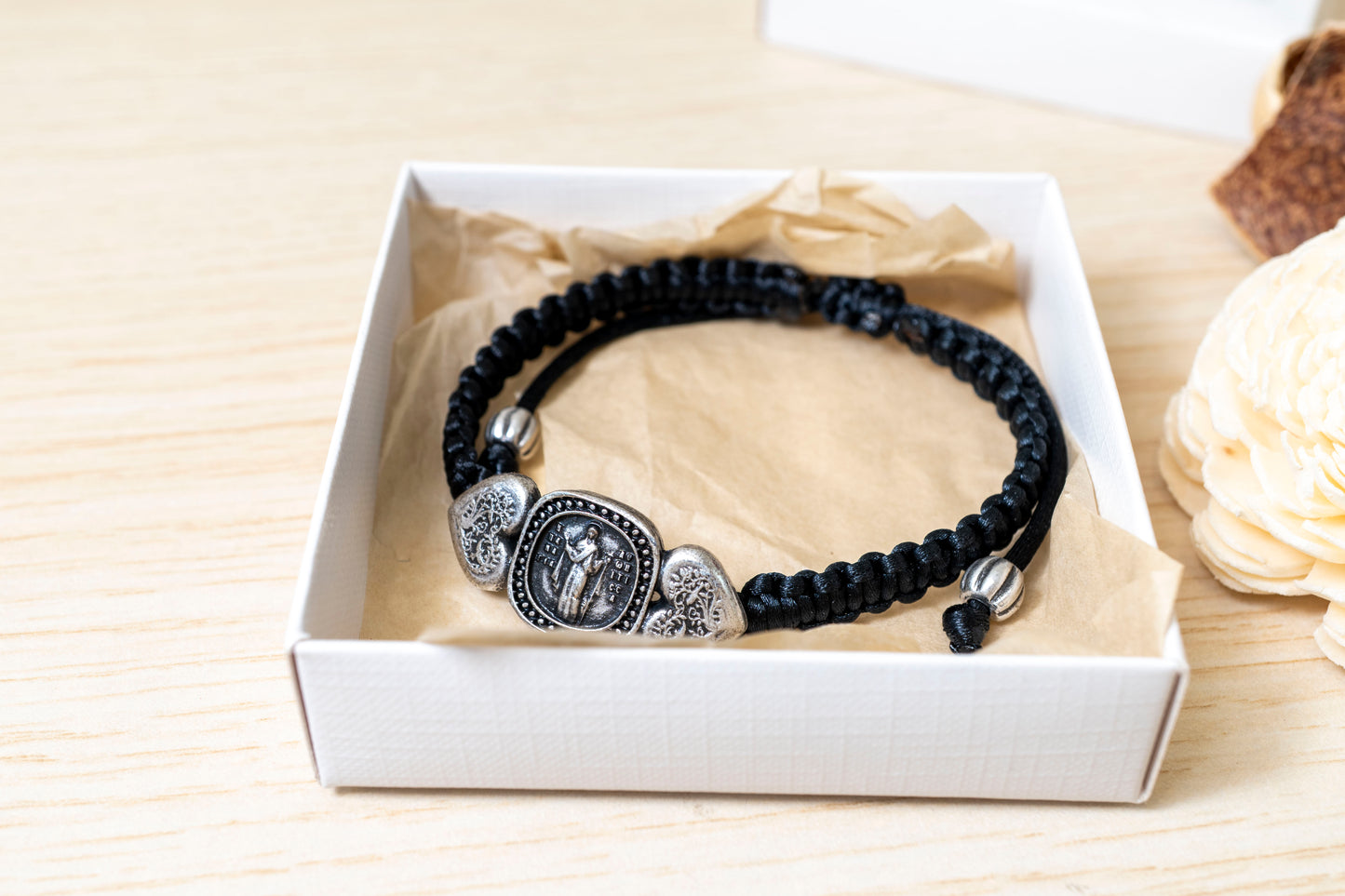 Virgin Mary handcrafted macrame bracelet adjustable black cord Byzantine style jewelry