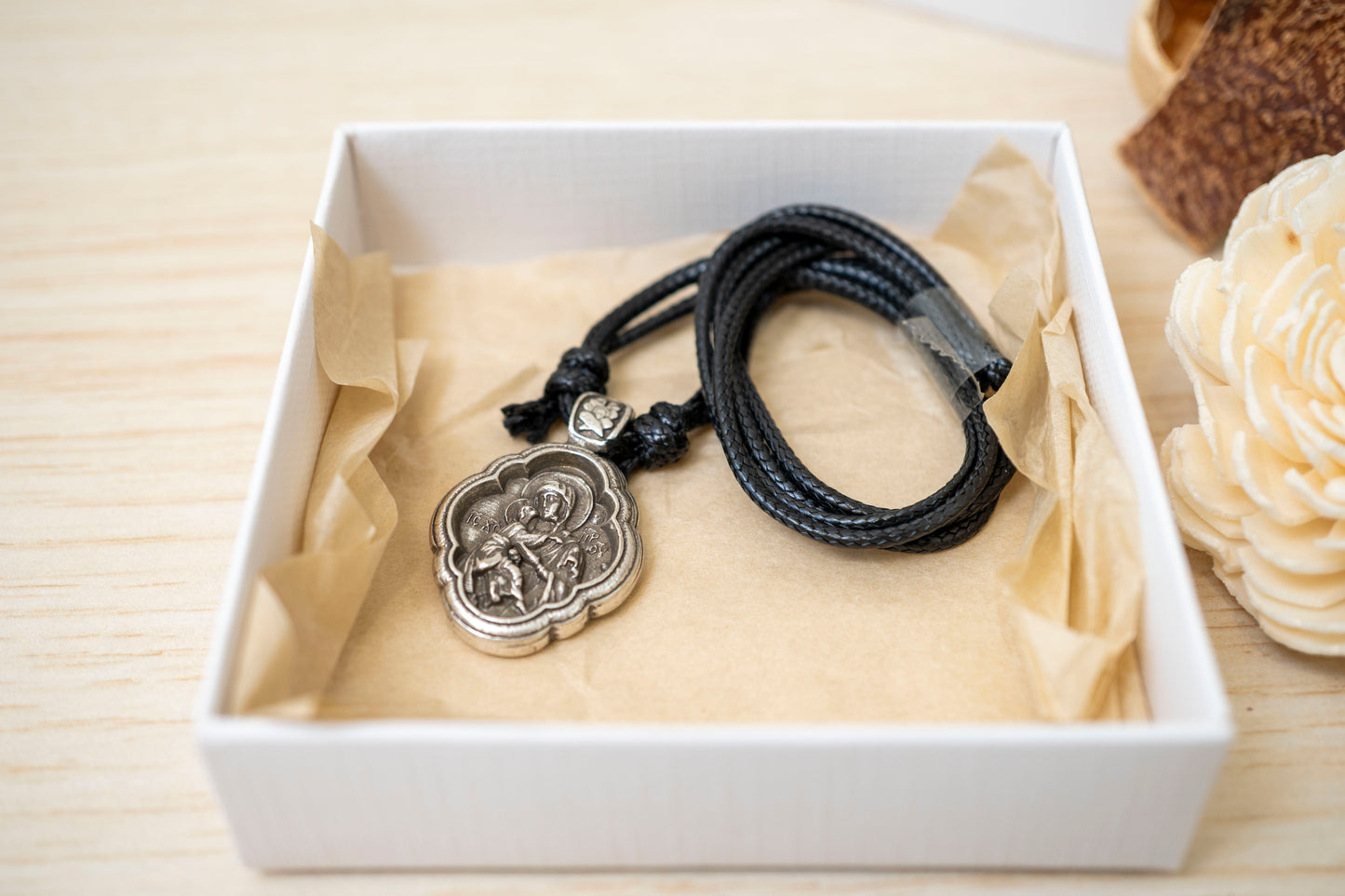 Virgin Mary and Child Necklace - Handcrafted Byzantine Style Adjustable Cord Pendant