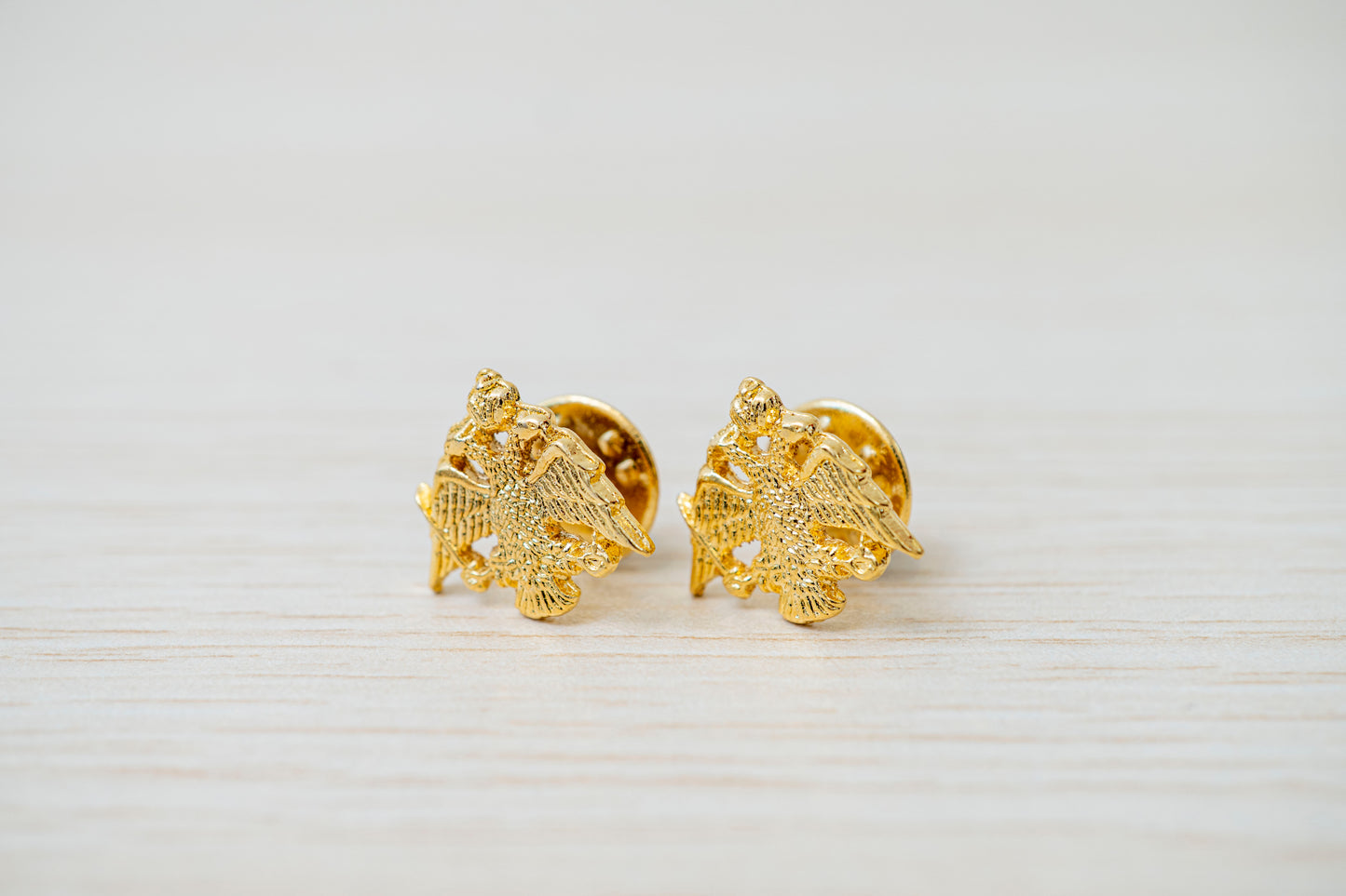Gold tone Byzantine double headed eagle lapel pins with clutch backings