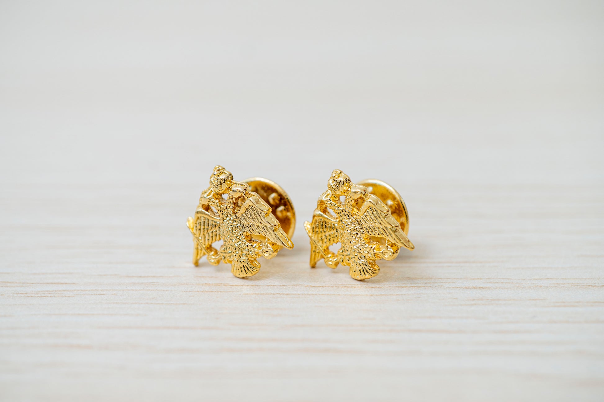 Gold tone Byzantine double headed eagle lapel pins with clutch backings