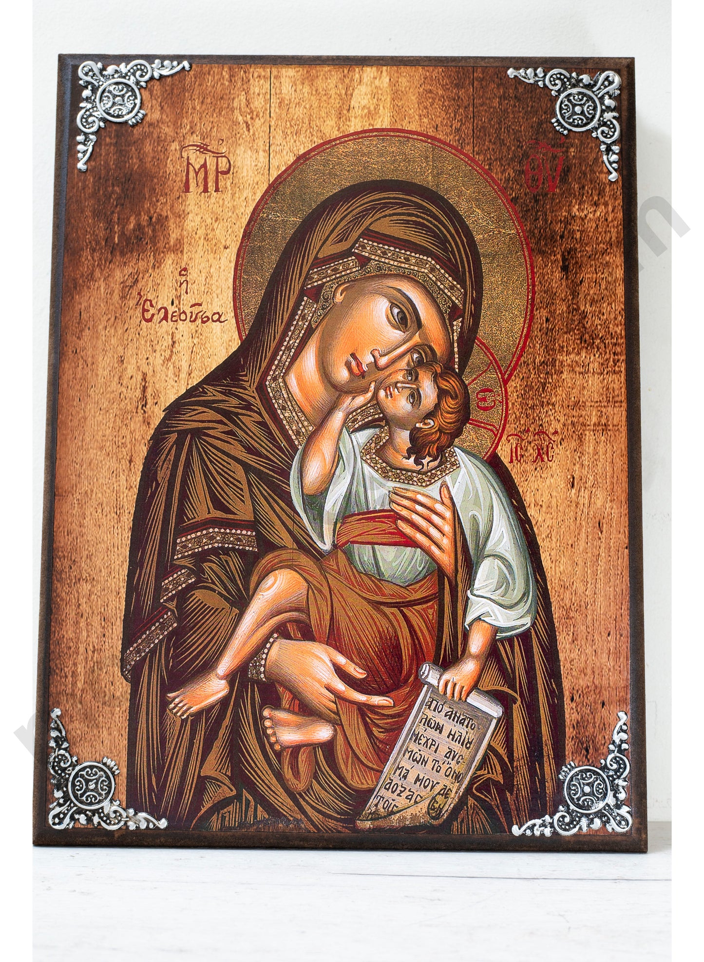 Virgin Mary Tenderness Large Wood Icon –Byzantine Christian Handmade from Greece