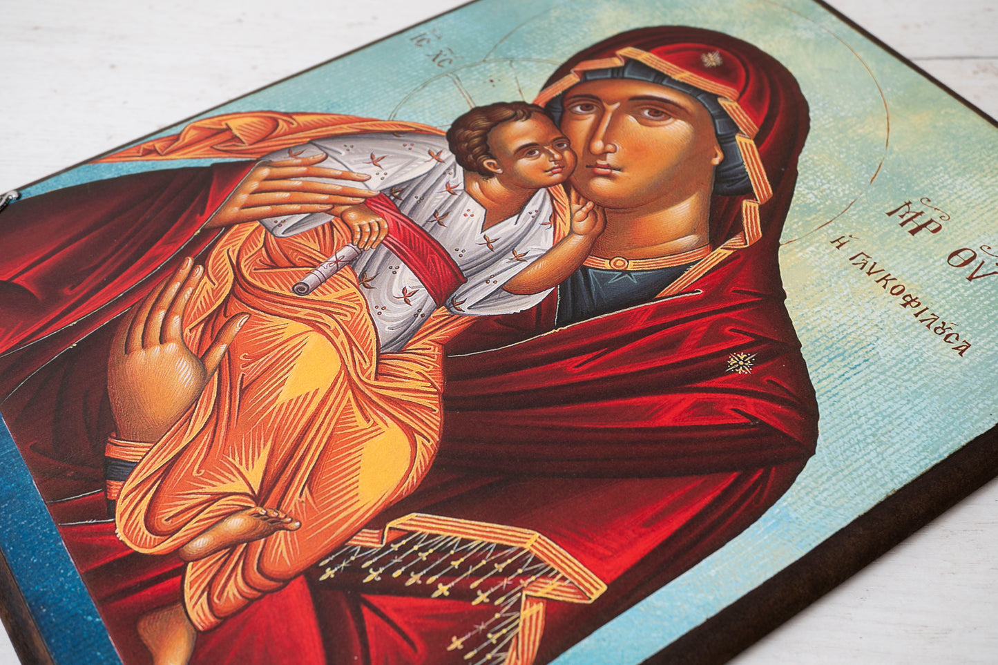 Virgin Mary Glykophilousa Icon – Handmade Byzantine Christian Icon –Natural Wood