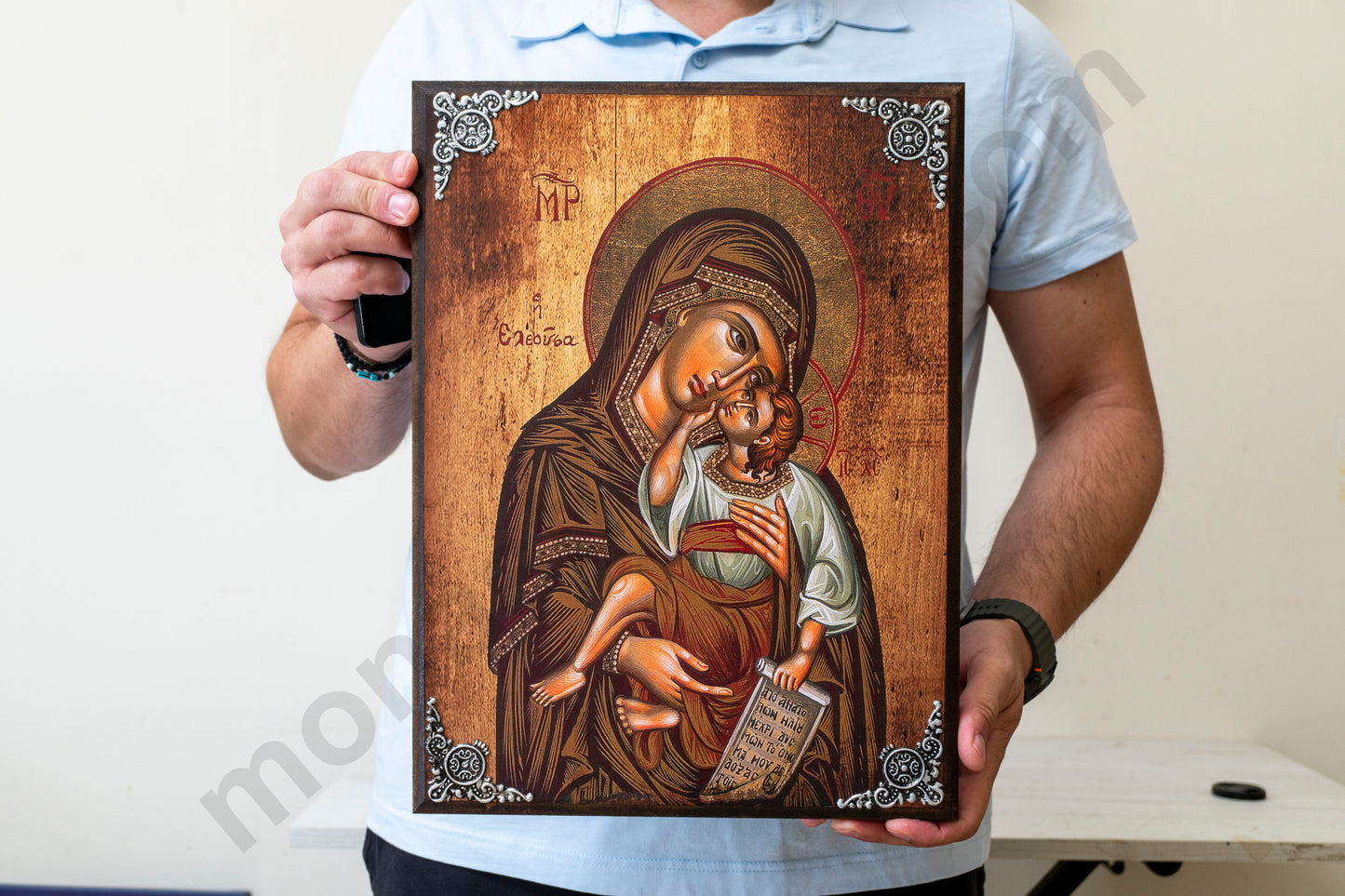 Virgin Mary Tenderness Large Wood Icon –Byzantine Christian Handmade from Greece
