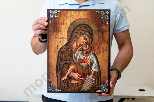 Virgin Mary Tenderness Large Wood Icon –Byzantine Christian Handmade from Greece