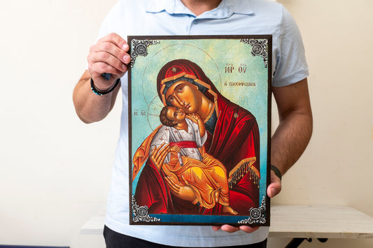 Virgin Mary Glykophilousa Icon – Handmade Byzantine Christian Icon –Natural Wood
