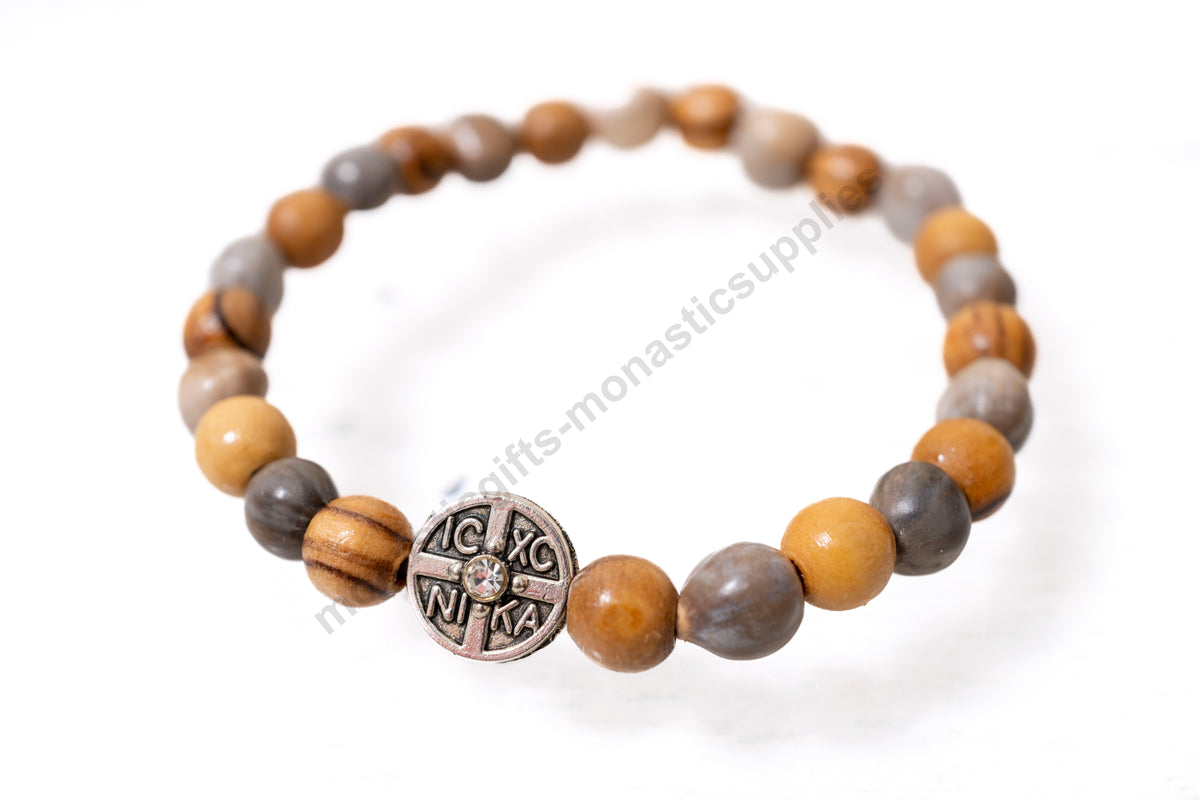 Tears of the Virgin Mary prayer bracelet with natural wood beads and IC XC NIKA crystal medallion