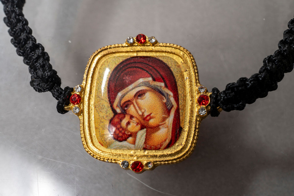 Adjustable Knotted Cord Bracelet with Virgin Mary Icon and Crystal Accents - Black and Gold Tone