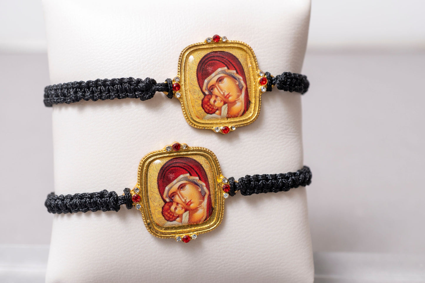 Adjustable Knotted Cord Bracelet with Virgin Mary Icon and Crystal Accents - Black and Gold Tone