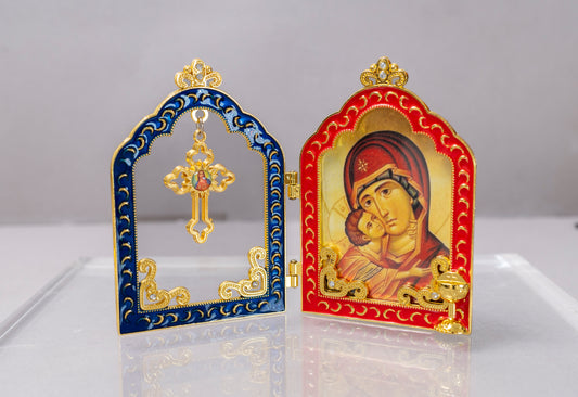 Diptych Christian Icon The Virgin Mary and Window Adorned with Cross .