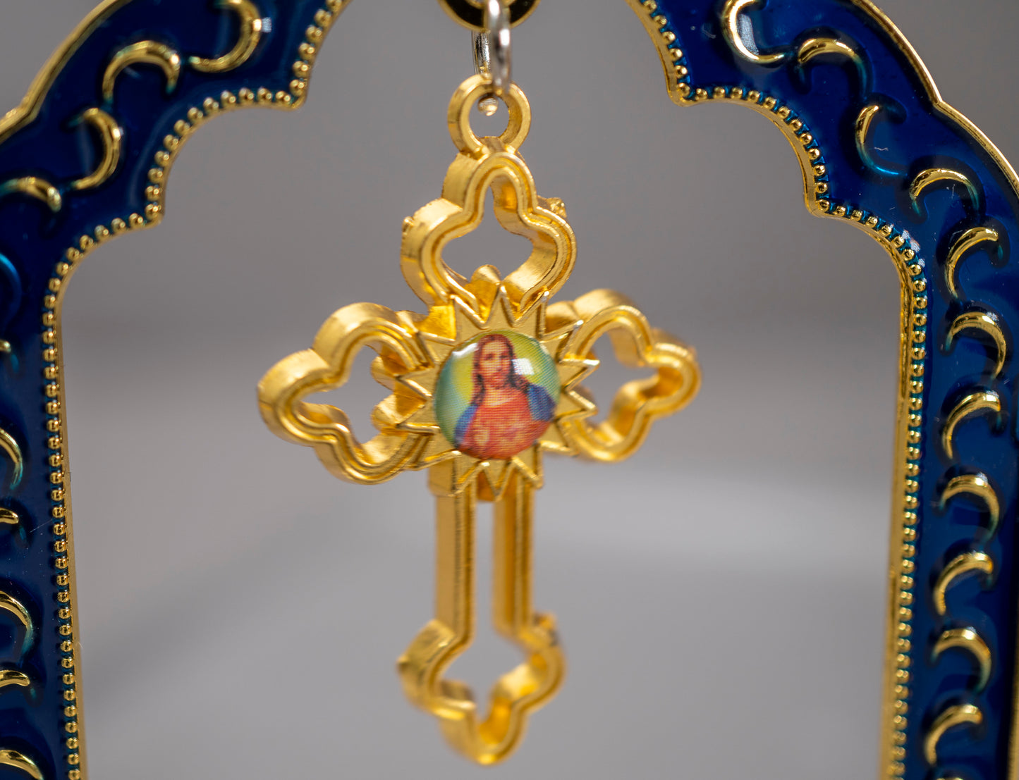 Diptych Christian Icon The Virgin Mary and Window Adorned with Cross .