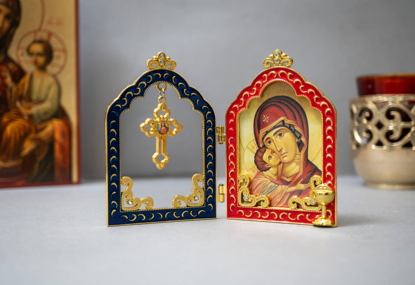 Diptych Christian Icon The Virgin Mary and Window Adorned with Cross .
