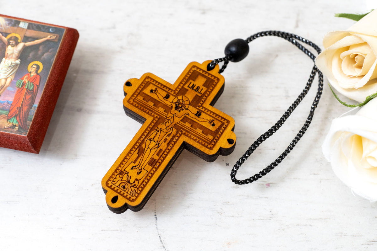 Hanging Wooden Cross with Crucifixion and Jesus Prayer - 5x7 cm (1.96x2.75 in) - Car and Home Decor