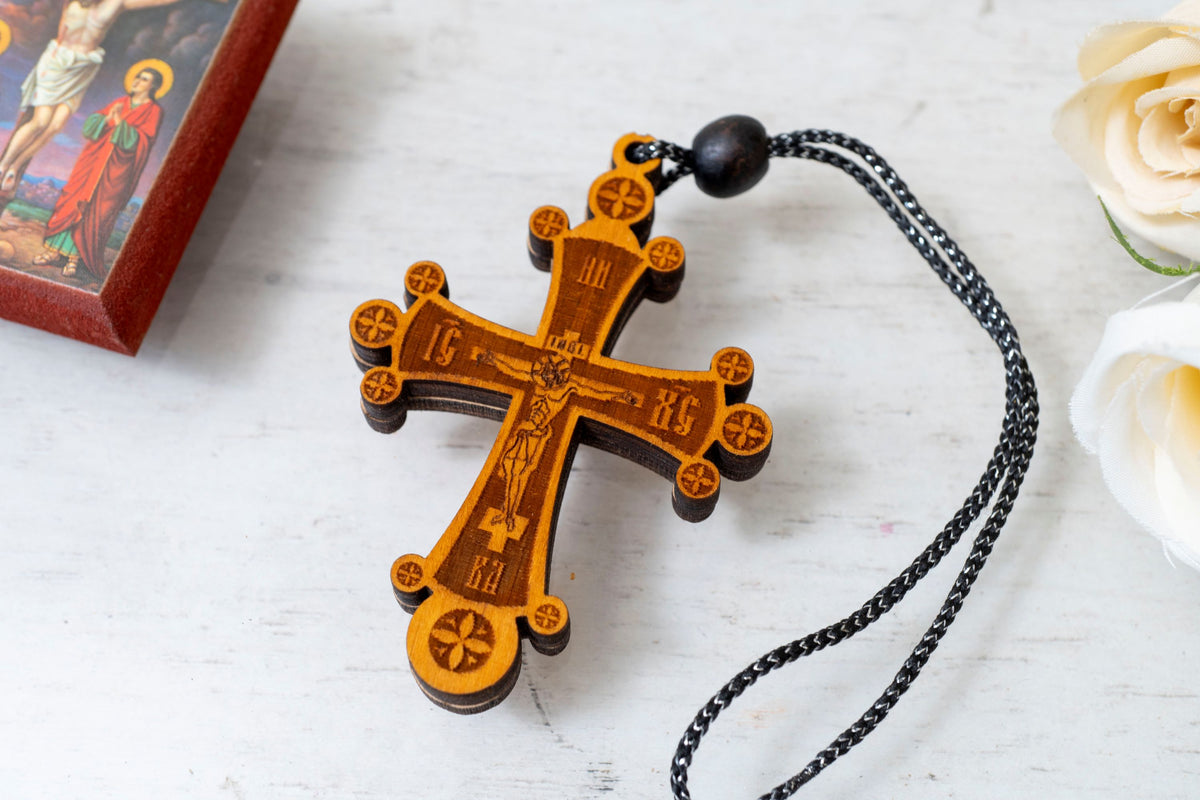 Hanging wooden cross with Crucifixion and Jesus prayer 5x7 cm (1.96x2.75 in) for car mirror and home