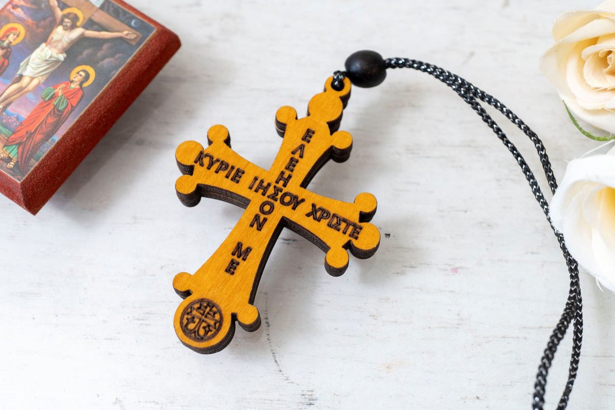 Hanging wooden cross with Crucifixion and Jesus prayer 5x7 cm (1.96x2.75 in) for car mirror and home