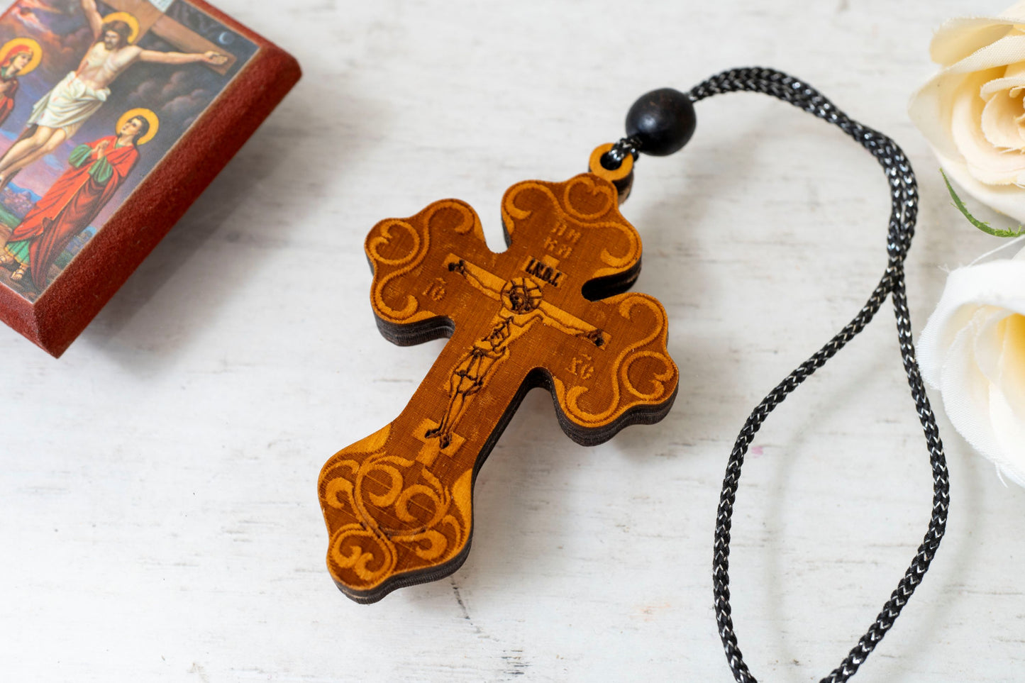 Hanging Wooden Cross with Crucifixion and Jesus Prayer - 5x7 cm (1.96x2.75 in) - Car and Home Decor