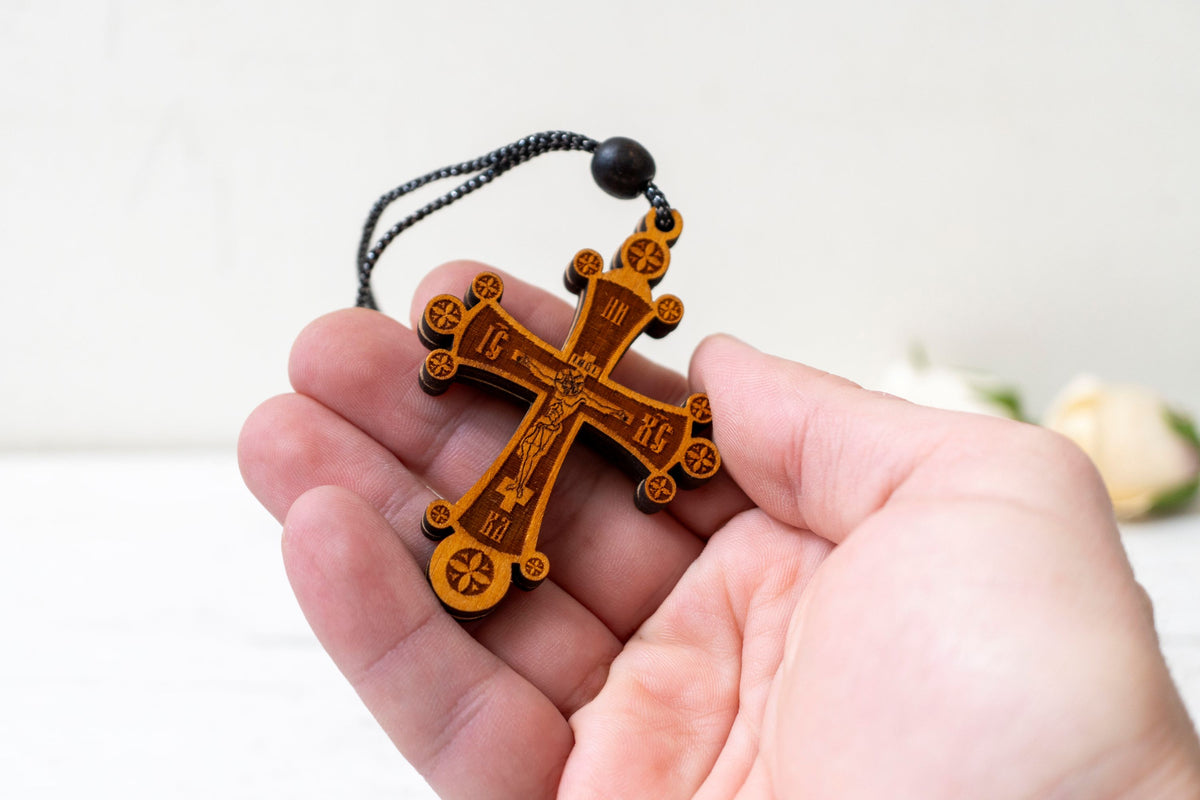 Hanging Wooden Cross with Crucifixion and Jesus Prayer - 5x7 cm (1.96x2.75 in) - Car and Home Decor