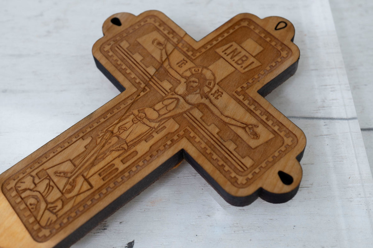 Handmade Wooden Blessing Cross with Crucifixion Engraving - 24x11 cm (9.45x4.33 in) - Home Altar and Wall Decor