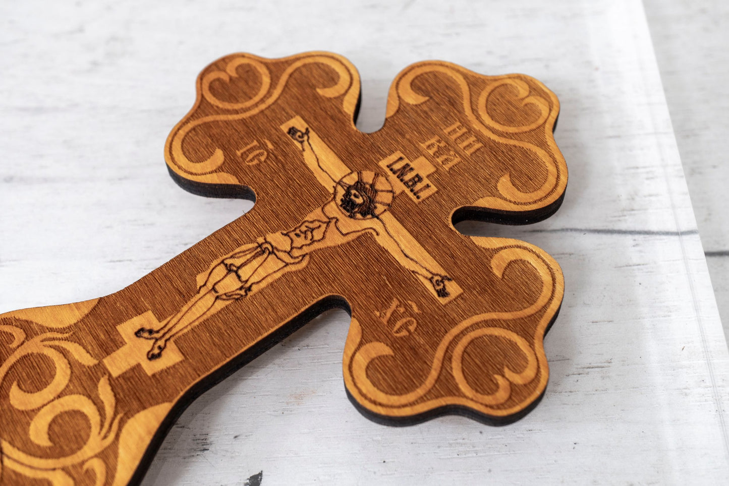 Handmade Wooden Blessing Cross with Crucifixion Engraving - 24x11 cm (9.45x4.33 in) - Home Altar and Wall Decor