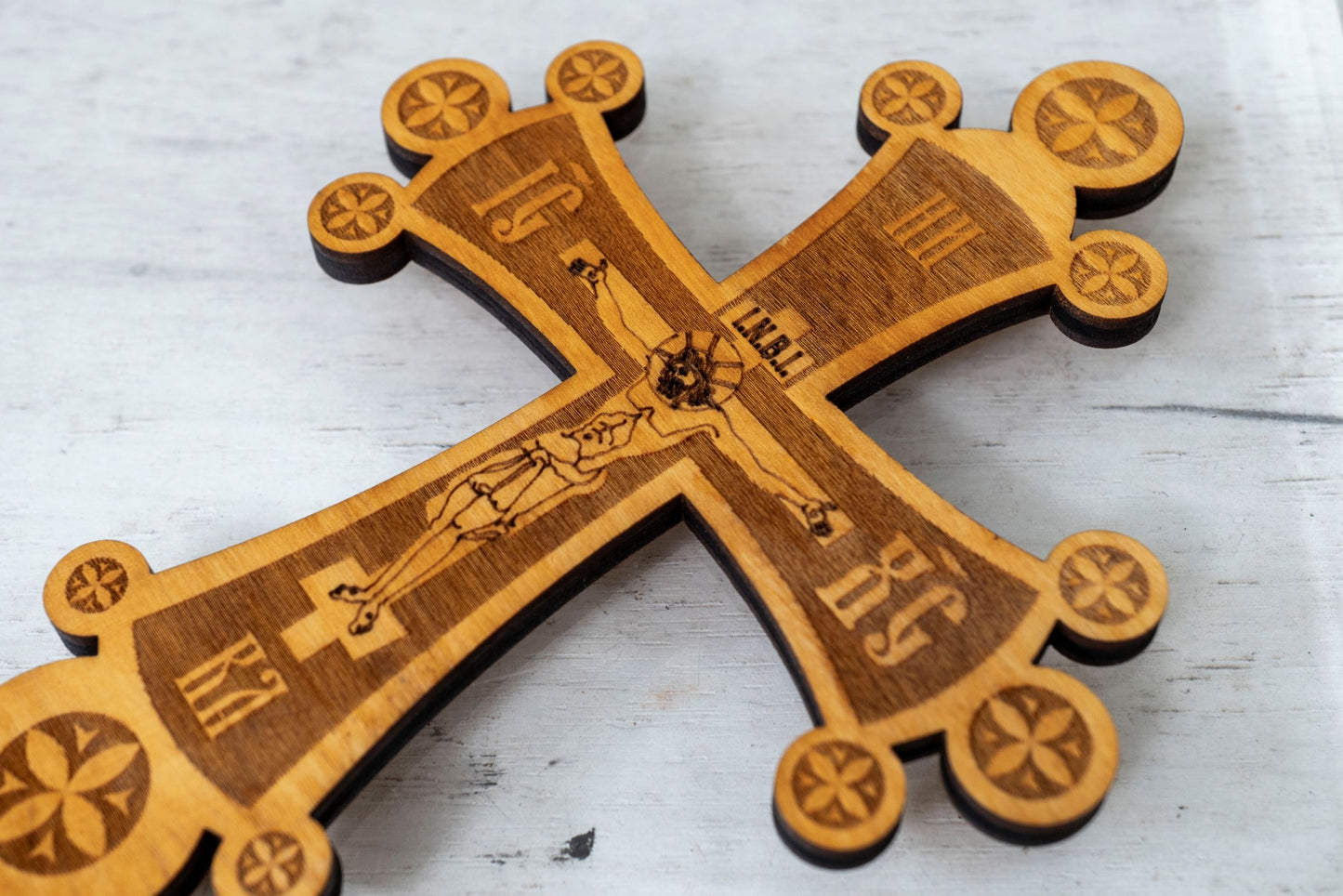 Handmade Wooden Blessing Cross with Crucifixion Engraving - 24x11 cm (9.45x4.33 in) - Home Altar and Wall Decor