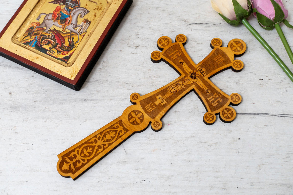 Handmade wooden blessing cross with Crucifixion engraving 24x11 cm (9.45x4.33 in) made in Greece